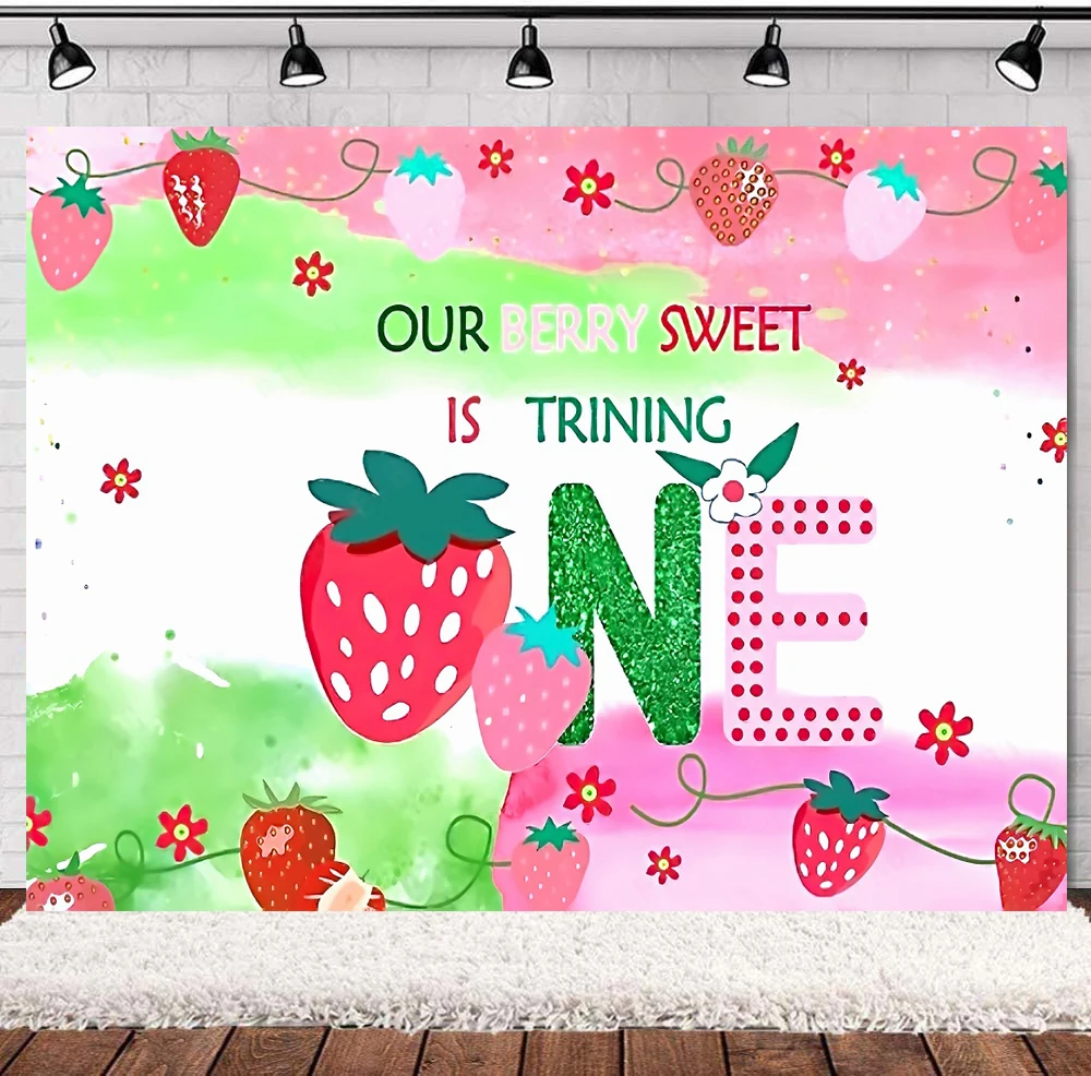 

Strawberry 1st Birthday Backdrop One Party Background Pink Watercolor Fruit World Glitter Sweet Girl Baby Shower Portrait