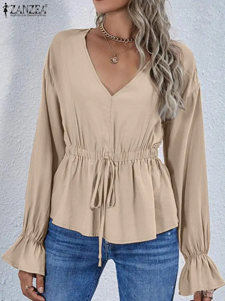 

Fashion Office Lady Shirt Vintage Blouse ZANZEA Spring Women V Neck Long Sleeves Female A Line Drawstring Street Blusas Chemise