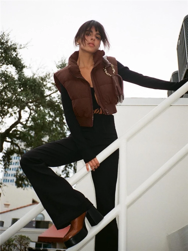 KEYANKETIAN Ladies Short Cotton Vest 2022 New Stand Collar Thin Dark Brown Classic Fashion Ladies Sleeveless Jacket Top