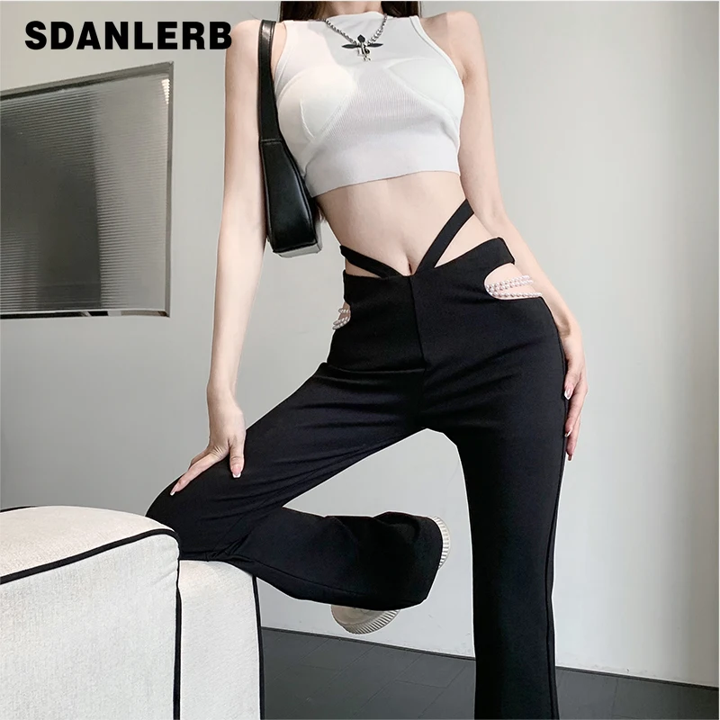 

Женские драпированные Брюки-клеш с жемчужной цепочкой, повседневные брюки с высокой талией