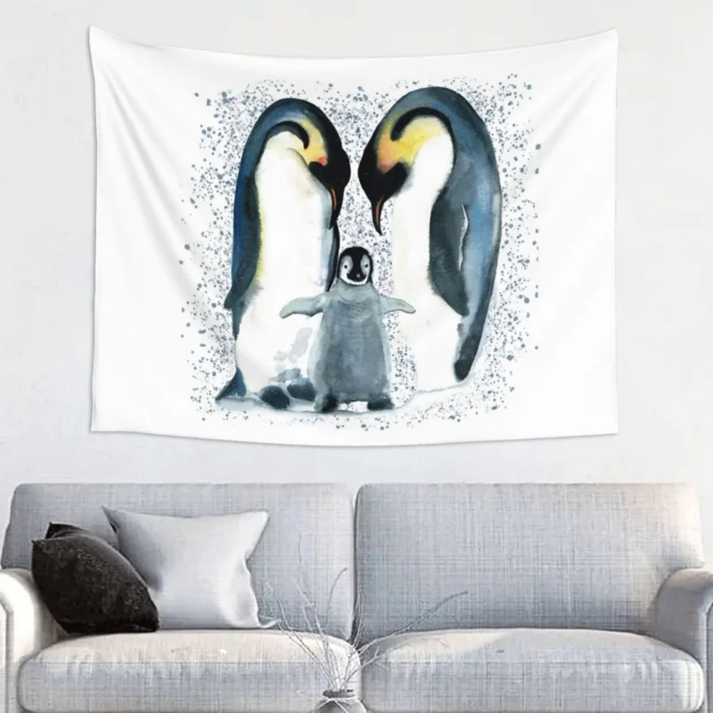 

Cute Penguin Family Tapestry Wall Hanging Printed Fabric Tapestry Cartoon Animal Fantasy Throw Rug Blanket Room Decor Yoga Mat