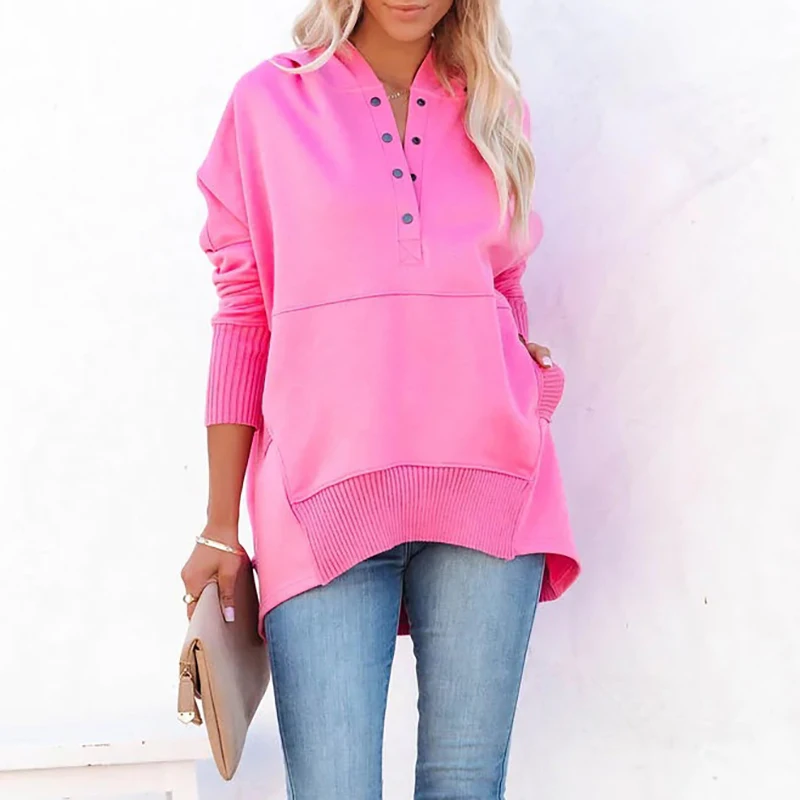 

Женский Однотонный пуловер с V-образным вырезом, капюшоном и рукавом летучая мышь