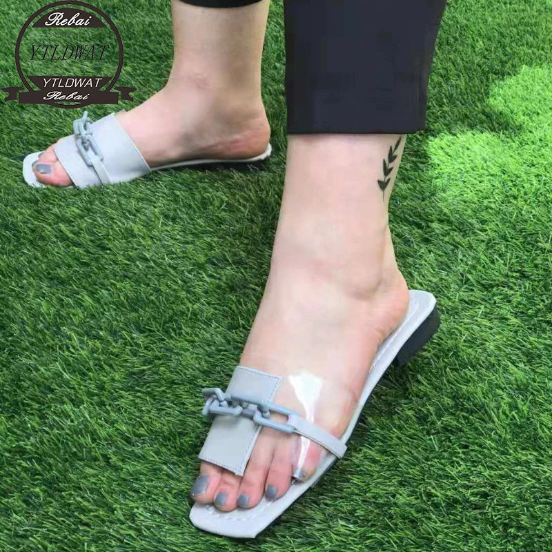 Fashion Chain Slippers Women's Square Toe Flat Casual Shoes   2022 Summer Beach Sandals  Large Size 43