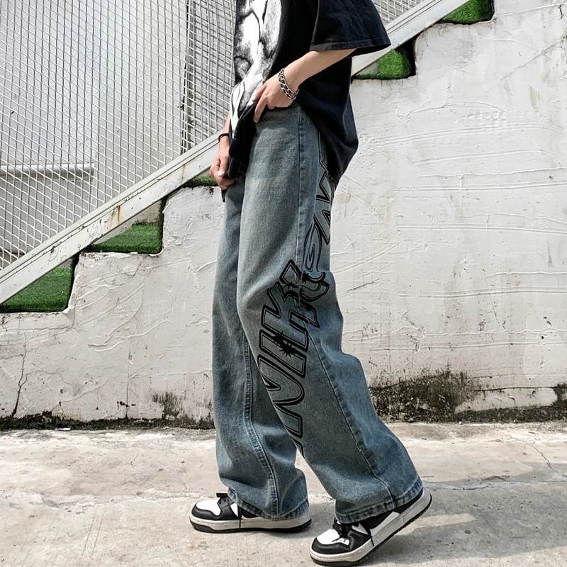 Men's Jeans Ins American Fashion Fun Printing Loose Straight Jeans Y2k Korean Version Fashion Street Jeans Ins Hot Sale Casual
