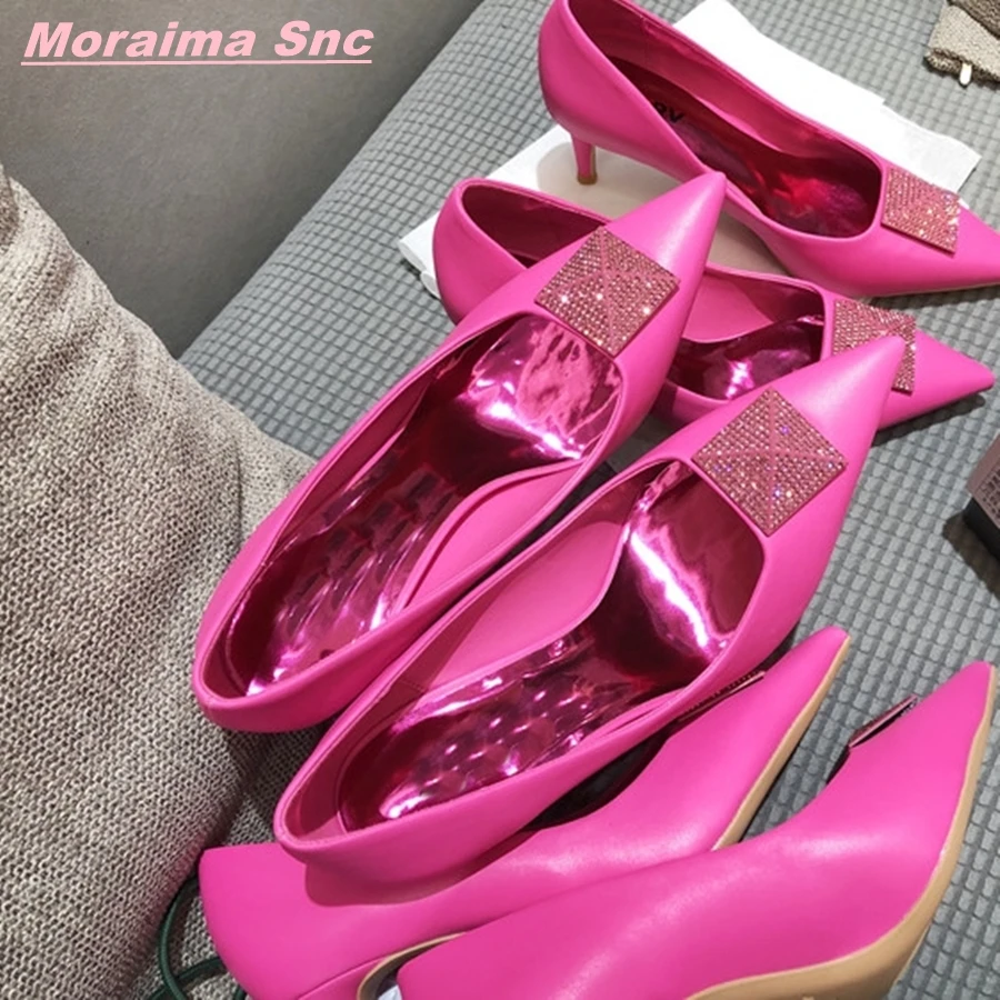 Rosered Rhinestone Glitter Women Fashion Summer Pumps Square Buckle Pointed Toe Solid Luxury Slip On SexyStiletto  Heel Shoes