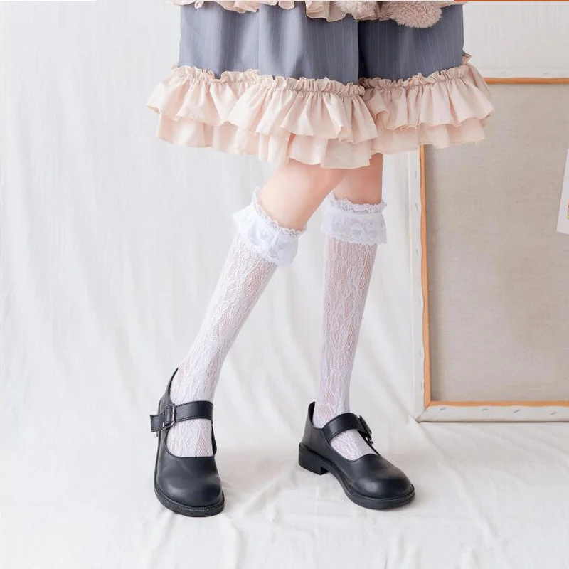 Lolita Socks Cute Black White Lace Fishnet Socks Pile Pile Knee Socks Sweet Women Girls Ladies Cosplay Costumes Accessories