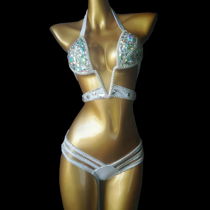 

Костюм для ночного клуба, диджея, костюм для танца на шесте, сексуальный женский комплект бикини для отпуска со стразами, купальник со стразами, пляжная одежда с блестящими камнями, бюстгальтер, наряд