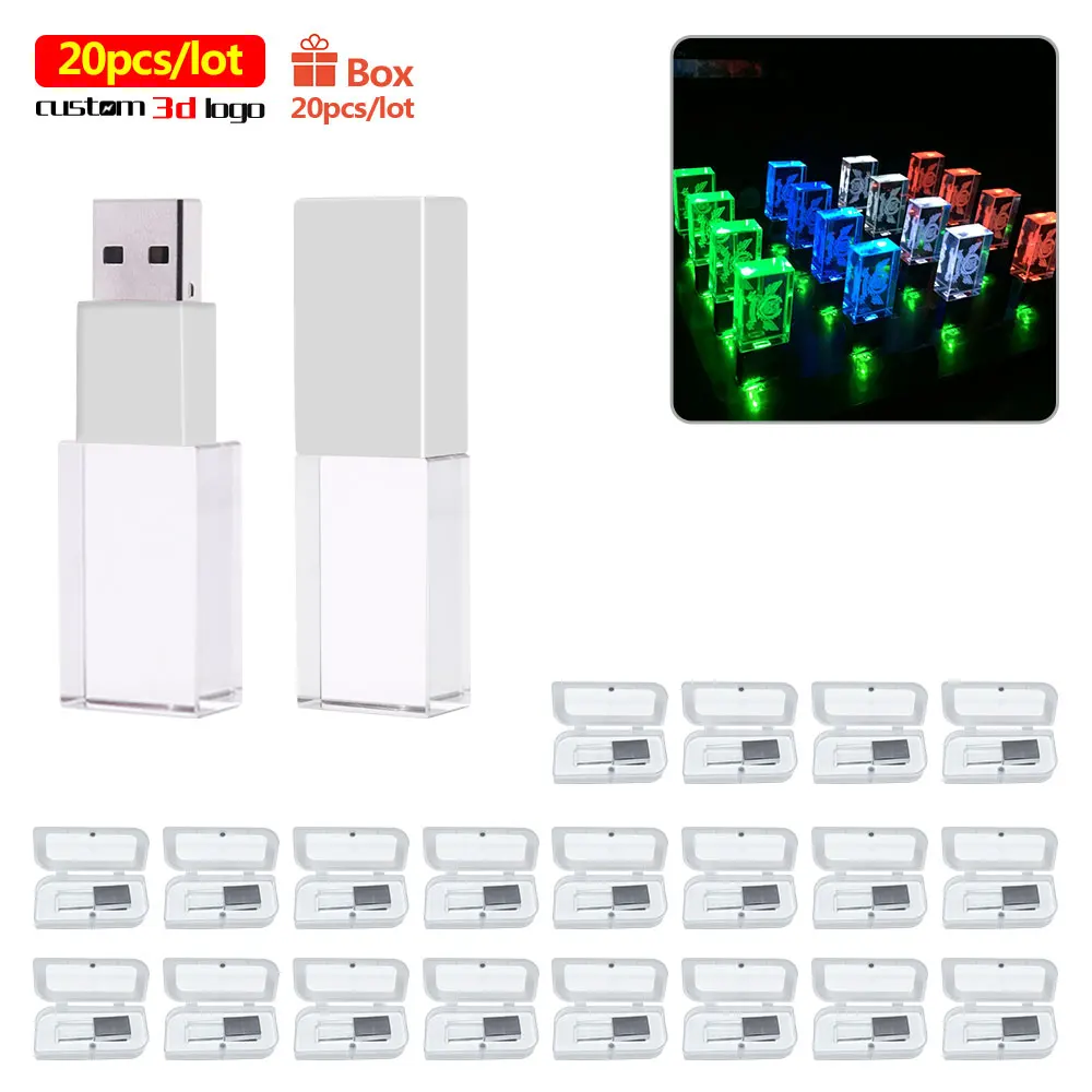 20pcs/lot Crystal usb sticks 3D custom logo 4GB 8GB 16GGB 32GB 64GB usb flash pen drive 128GB USB Flash Drives pendrive 2.0