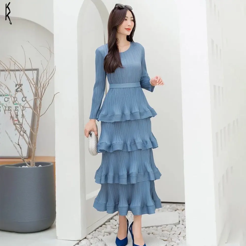 

2023 Summer New Miyake Pleated Formal Dress Temperament Solid Color Cake Skirt Urban Women Multi-layer Belt Fashion and Elegant