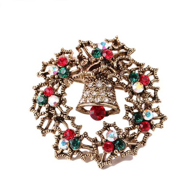 

New Hollow Antiqued Bronze Christmas Bell Shaped Rhinestone Chunky Brooch for Women Retro Big Pins Fashion Jewelry