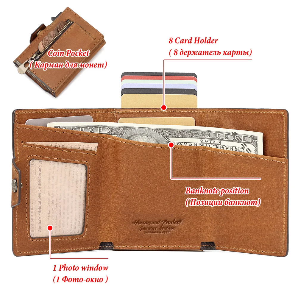 RFID Credit Card Holder Genuine Leather Wallet for Men with Zip Coin Pocket Aluminium Cardholder Case with Banknote Compartment