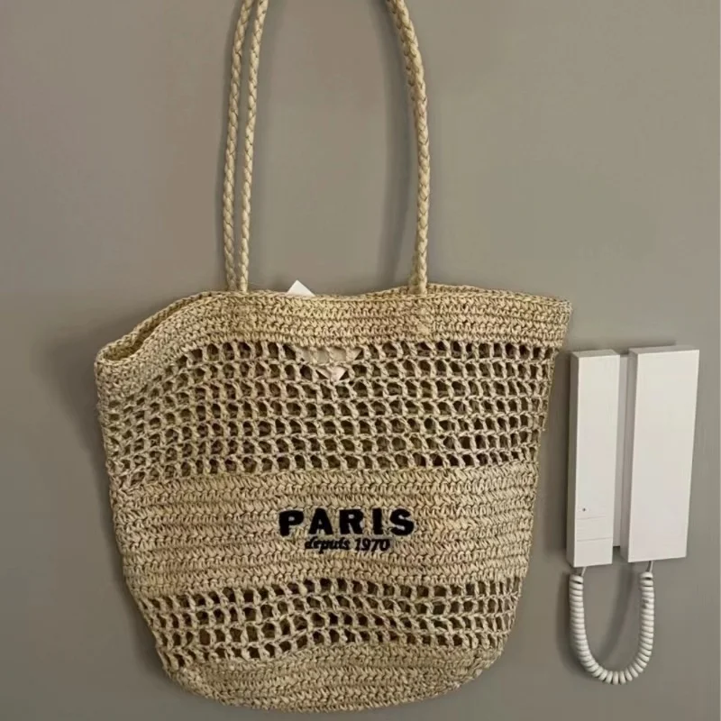 Women's New Embroidered Letter Hollow Grass Woven Handbag Large Capacity Handwoven Shoulder Bag Fashion Portable Basket Tote Bag