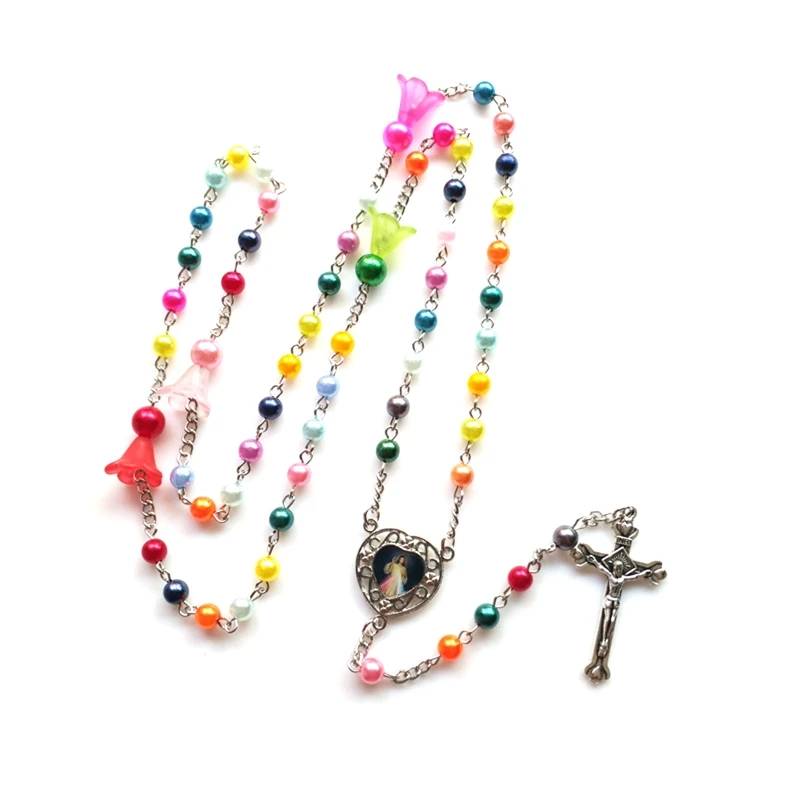 

F2TE Jesus Cross Pendant Necklaces for Women Catholic Virgin-Mary Religious Prayer Rosary Necklace Long Crystal Bead Chains