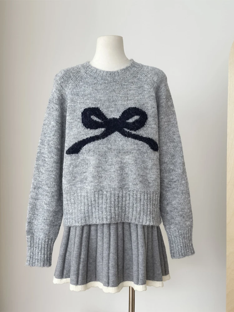 Женский пуловер с серым бантом свитер в стиле Харадзюку свитера большого размера