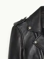 2022 New Women Zipper Short Coat Black Faux Leather Turn-down Collar Fashion for Early Autumn Long Sleeve Female Jacket