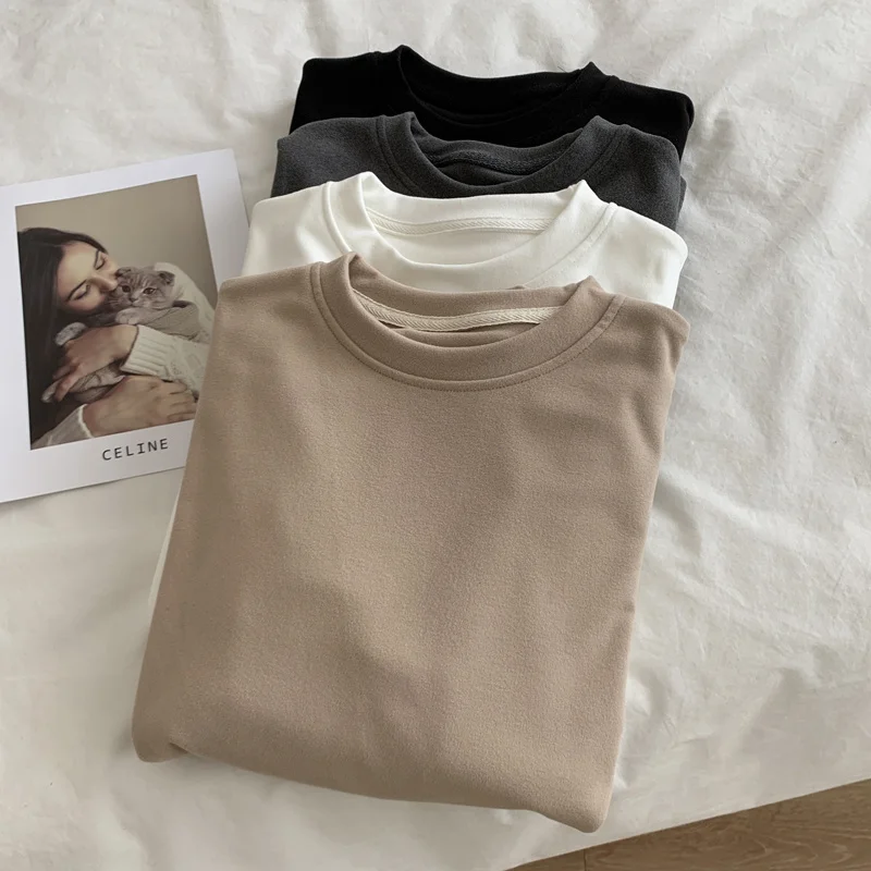 Korean Sle Simple Basic Solid Dralon round Neck Long sleeve Bottoming Shirt Women Loose Inner wear Thick Warm T-shirt Winter