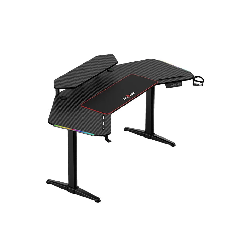 

Multi-Function Carbon Fiber Textured Desktop Height Adjustable Desk RGB Led Ergonomic Gaming Table Corner Computer Gaming Desk