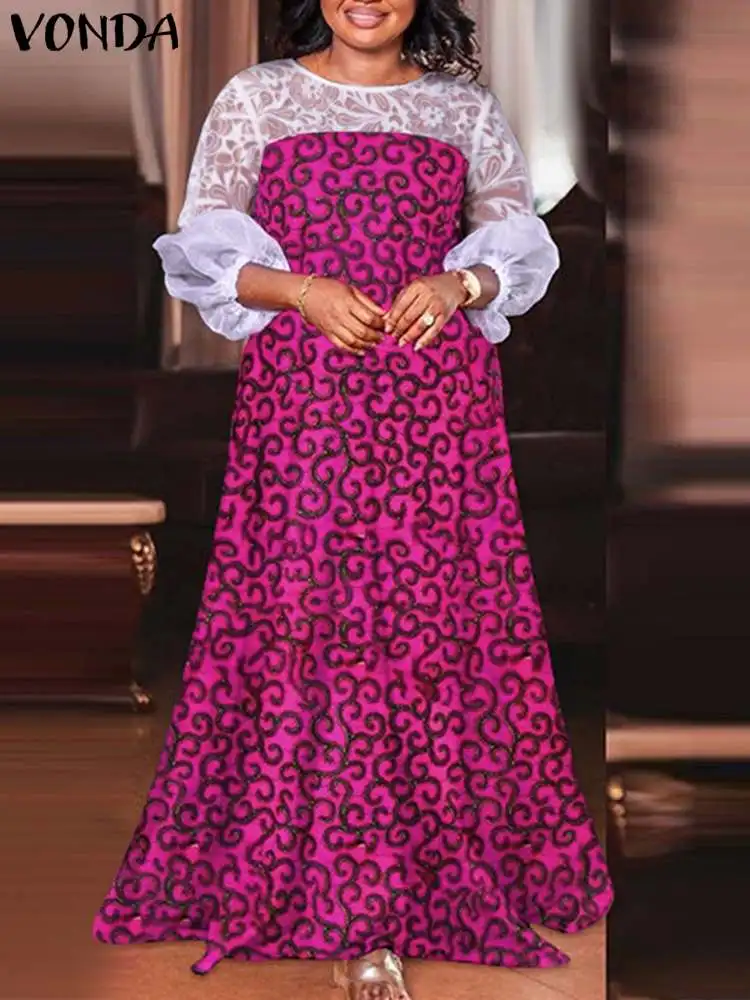 

2023 VONDA богемный летний сарафан с длинным рукавом-фонариком, макси-платье, женское кружевное Сетчатое лоскутное повседневное праздничное платье с принтом для женщин