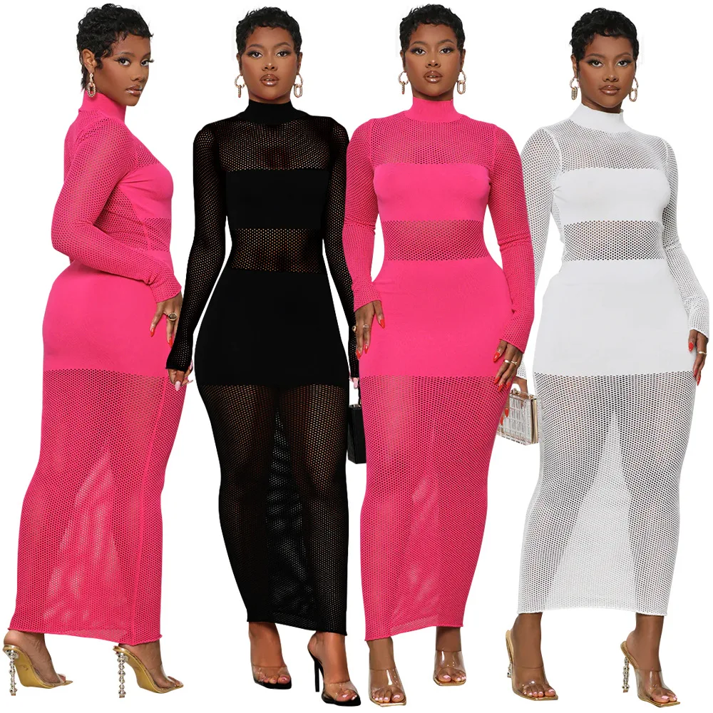

Women Autumn Turtleneck Long Sleeve See Through Skinny Club Party Dresses Robe Femme Sexy Patchwork Sheer Mesh Long Dress