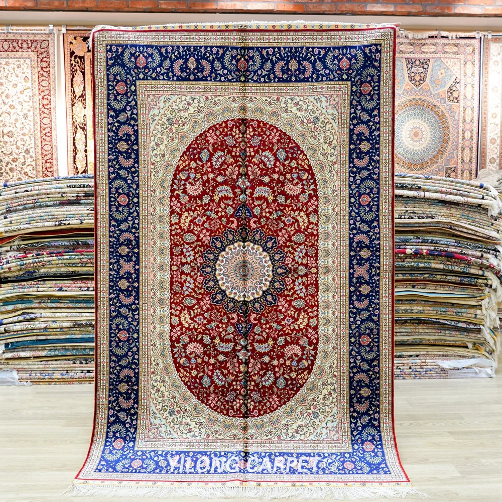 

Yilong 4 'x 6' красный персидский ковер с узором медальона, Шелковый коврик ручной работы (TJ480A)