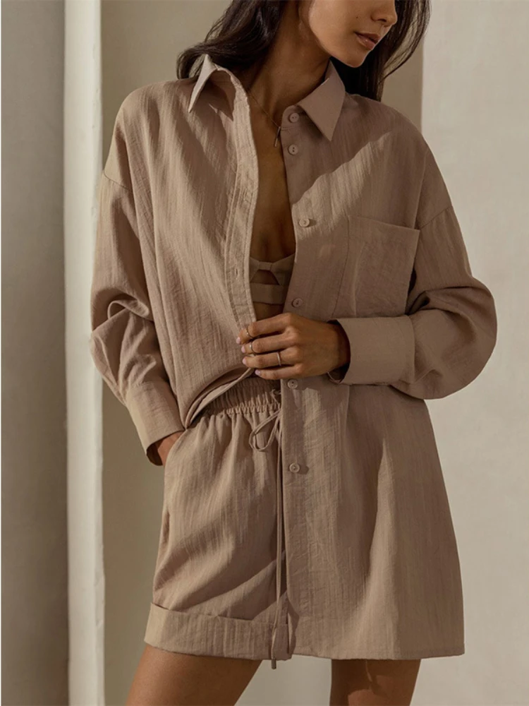 

Two Piece Sets Womens Outifits Summer Casual Shorts Suit Women's Loose Lapel Single-breasted Shirt Straight Shorts Office Lady