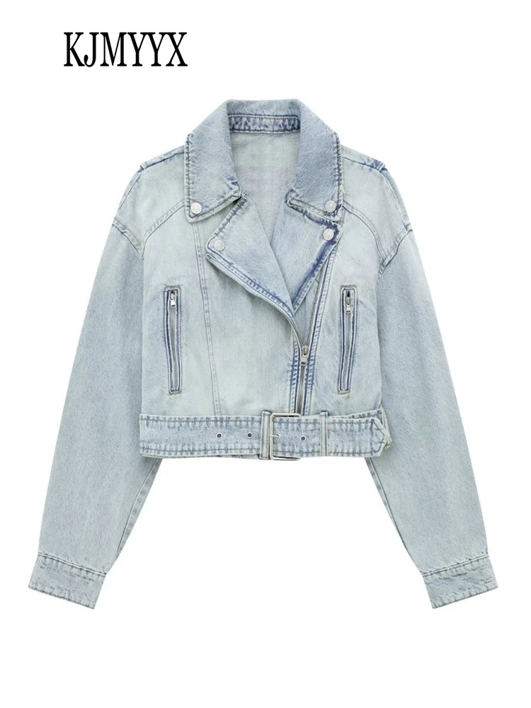 

KJMMYX Autumn/Winter Women's Cropped Lapel Collar Trench Long Sleeves With Belt Jean Jacket New High Street Casual Denim Coats