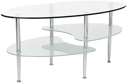

Oval Glass Coffee Table Room Accent Ottoman Shelf, 37 Inch, Glass
