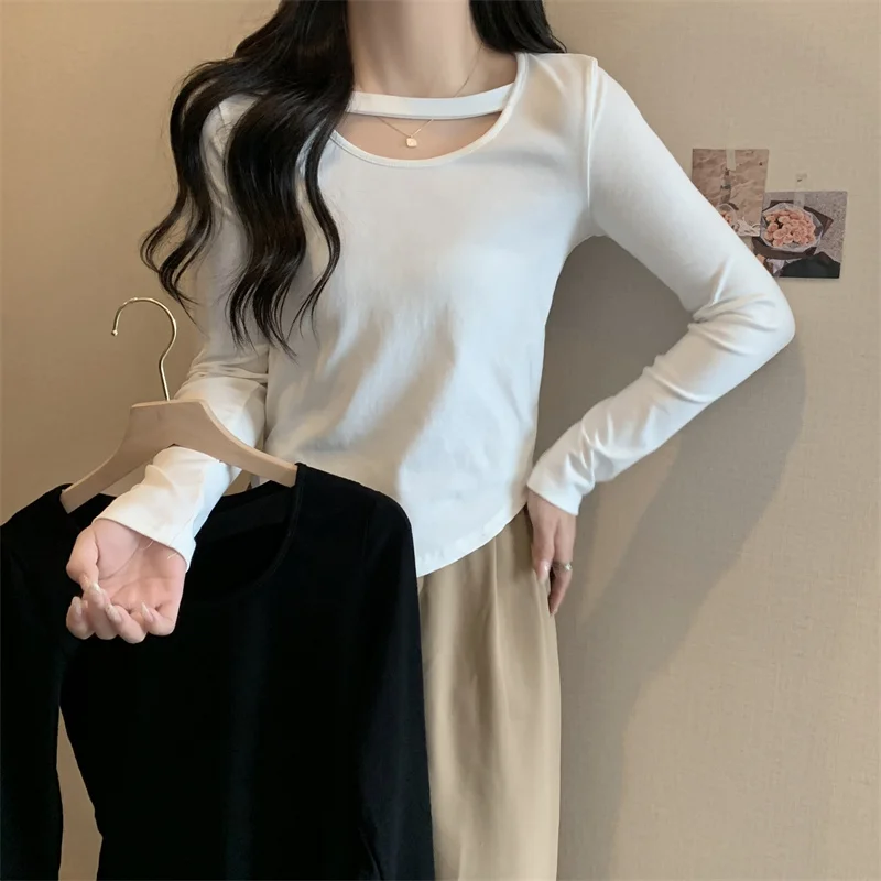 

Autumn irregular Long Sleeve T Shirt Women Casual White Black all-match T-shirt young girl Fashion white Cropped Top Y2K Clothes