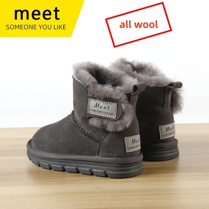 

2023 New Leather Winter children's Boots Girl 3 to 12 Years Lace up Short Boots Full Wool Thickened Children's Snow Boots
