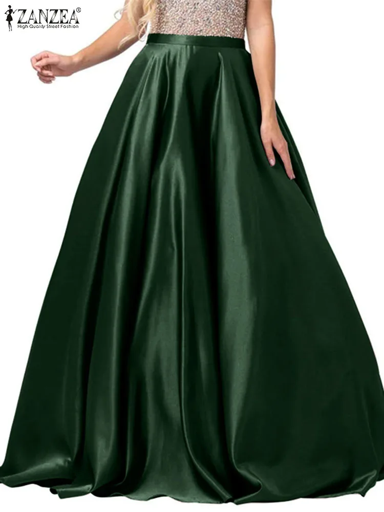 

ZANZEA Fashion Women Satin Skirt A-line High Waist Robe Elegant Party Sundress Vintage Long Skirt Holiday Faldas Saia Loose Jupe
