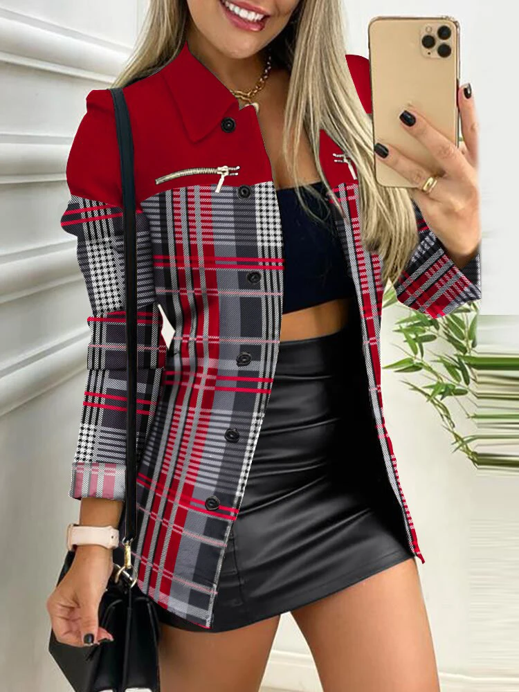 

Autumn Patchwork Women Jackets Loungewear Simple Long Sleeve Printed Turn-Down Collar Button Ladies Cardigan Coats Dropshipping