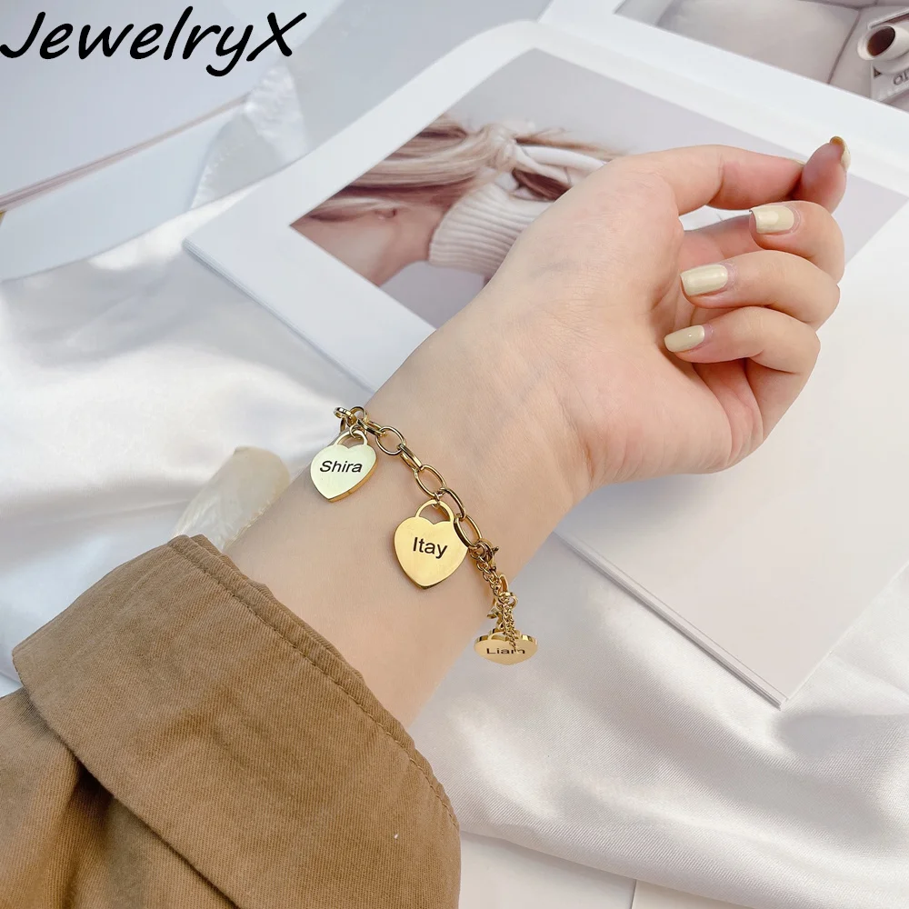 

Персонализированные браслеты JewelryX с именем на заказ, с сердцем, из нержавеющей стали, O-цепь, женская бижутерия, рождественский подарок