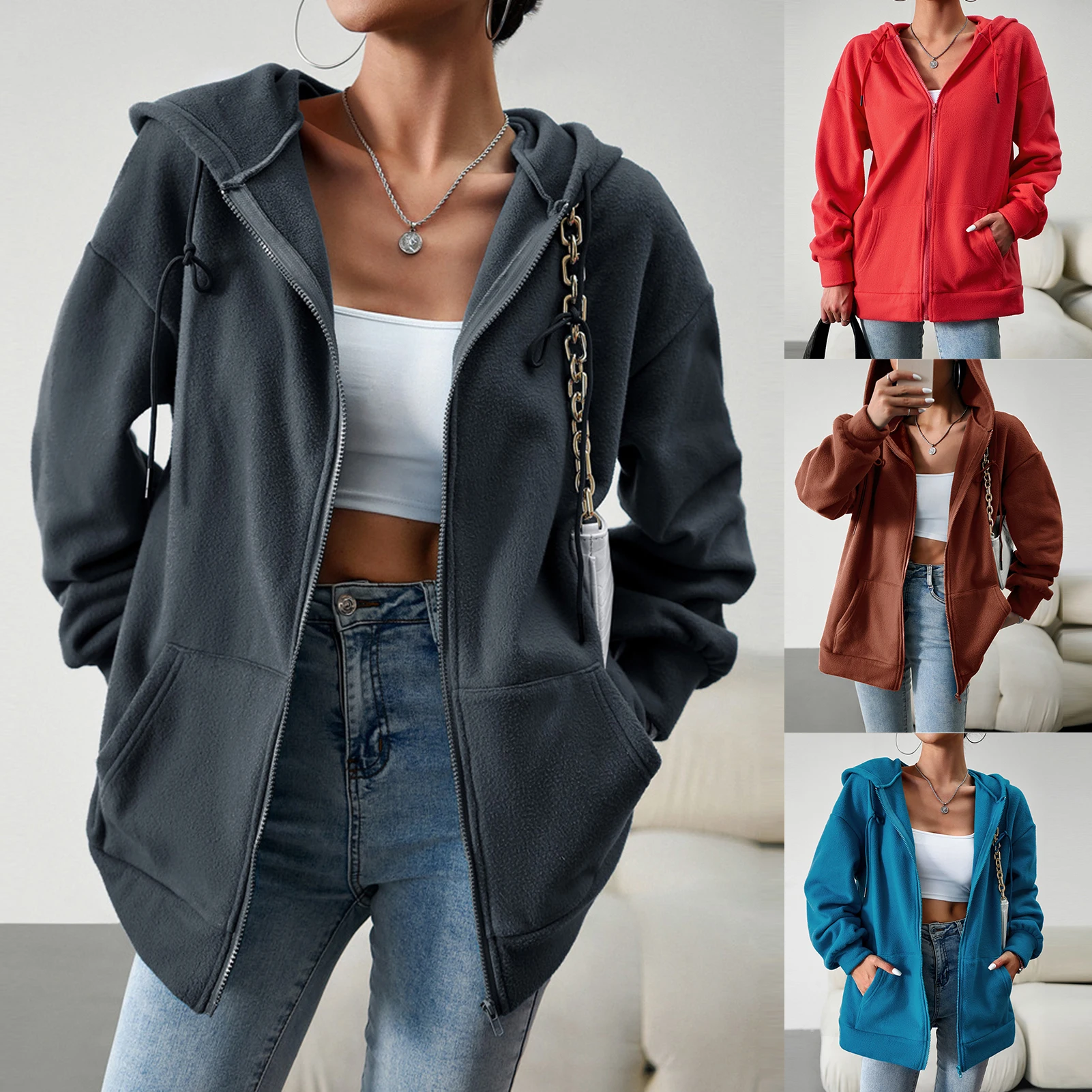 

2023 Ladies Basic Sweatshirt Loose Fit Women Hooded Coat Top Solid Color Jacket with Pockets Casual Long Sleeve Streetwear Suit