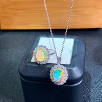 fine jewelry 925 sterling silver inlaid natural opal gemstone trendy ring necklace pendant set support test