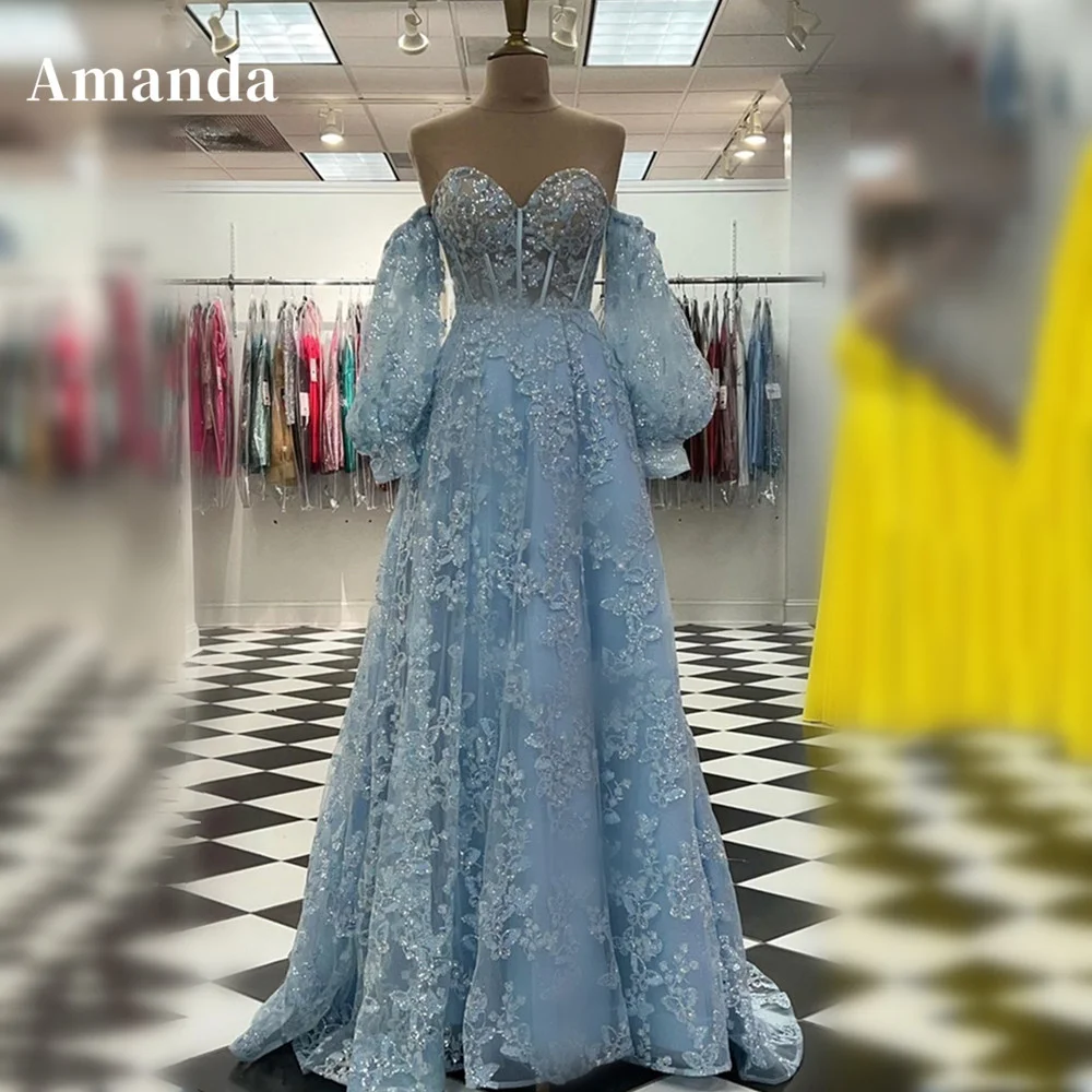 

Роскошное блестящее Кружевное Вечернее Платье Amanda с вышивкой, Пышный рукав, платье для выпускного вечера 2023, милое синее ТРАПЕЦИЕВИДНОЕ ПЛАТЬЕ, искусственные платья