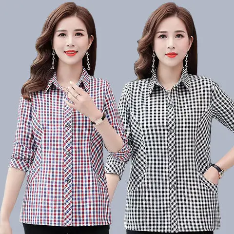 

2023 Elegant Plaid Shirts Women Casual Single Breasted Blouses Shirts Spring Summer Long Sleeve Loose Tops Tunic Blusas T133