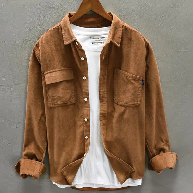 Big-Pocket Men Corduroy Pure Cotton Shirt Full Sleeve Vintage Pockets Warm Gray Casual Top Young Cotton Trendy Shirt