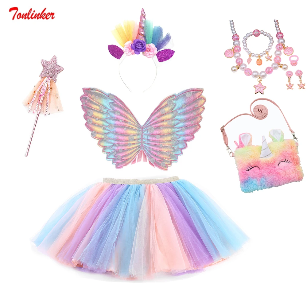 Kids Birthday Party Unicorn Costume Baby Mini Pettiskirt Princess Party Dance Rainbow Tutu Skirt With Bag Necklace Wings Suit