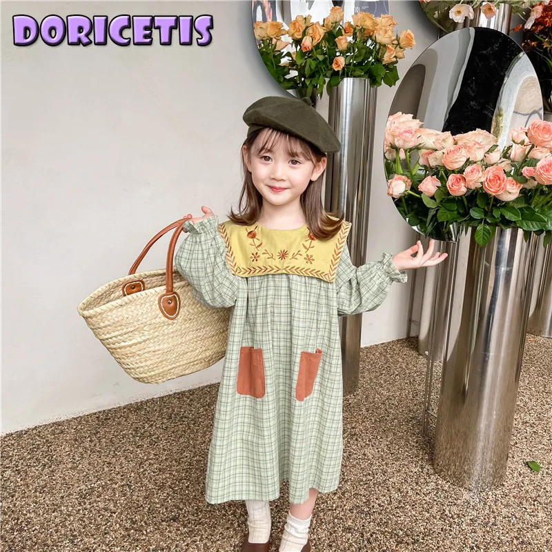 

Children Dress Cute Embroidered Pattern Lapel Plaid Long Sleeve Skirt Baby Girl Spring Summer New Go Out Activity Princess Dress