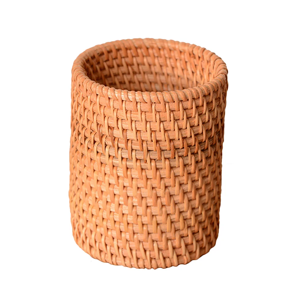 

Bucket Pencil Holder For Desk Rattan Pen Holder Small Sundries Bucket Makeup Brushes Organizer for Indoor Home Desk Office