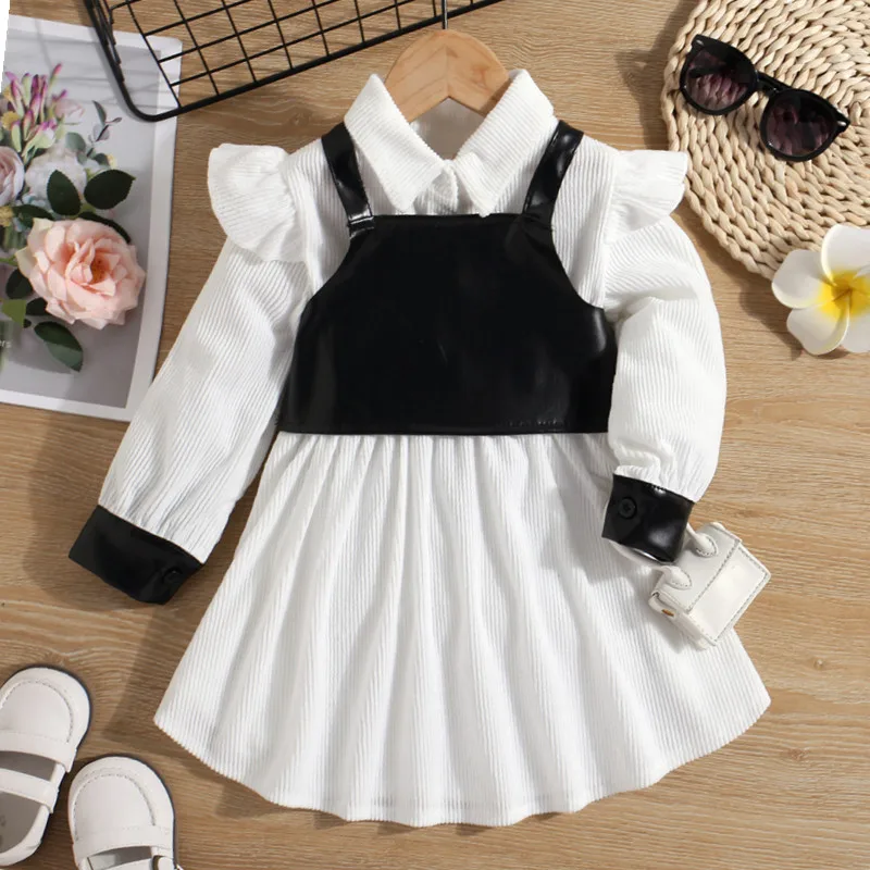 

Baby Girls Clothes Set Autumn and Spring Outfits Kids Girls Corduroy Lapel Dress and Leather Undershirt Two-piece Set