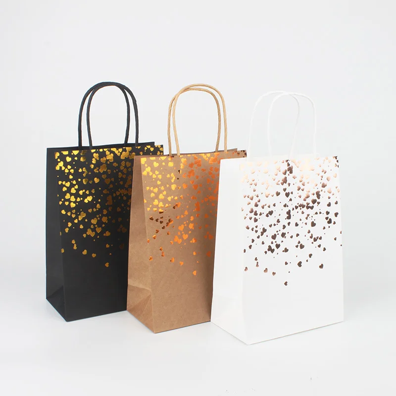 

5/10Pcs Kraft Paper Bag Hot Stamping Heart Handle Paper Bag Candy Cookies Gift Packaging Box Portable Kraft Paper Packaging Bag