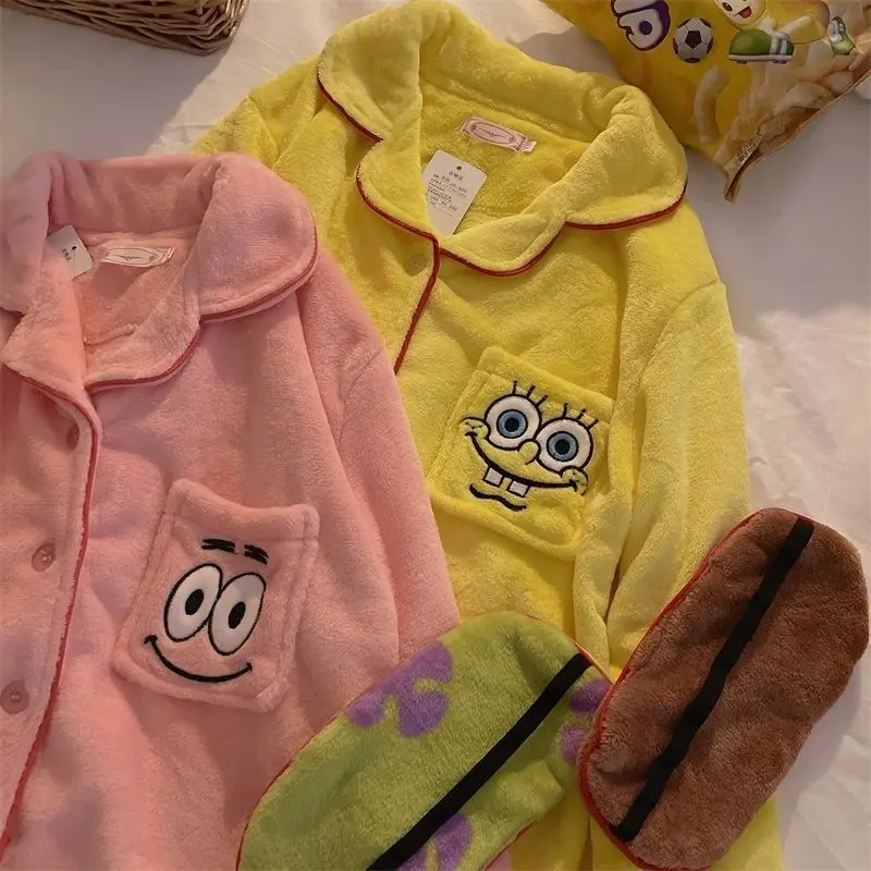 Kawaii Spongebob Squarepants Cartoon Anime Loungewear Couple Pajamas Autumn and Winter Cotton Long-Sleeved Suit Christmas Gift