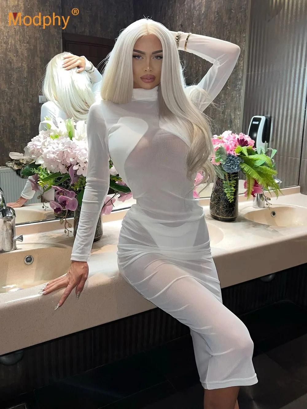 

Sexy See Through Turtleneck Bodycon Sequin Midi Dress Vestido Women Long Sleeve Party Club Dresses 2022 Autumn Fashion New