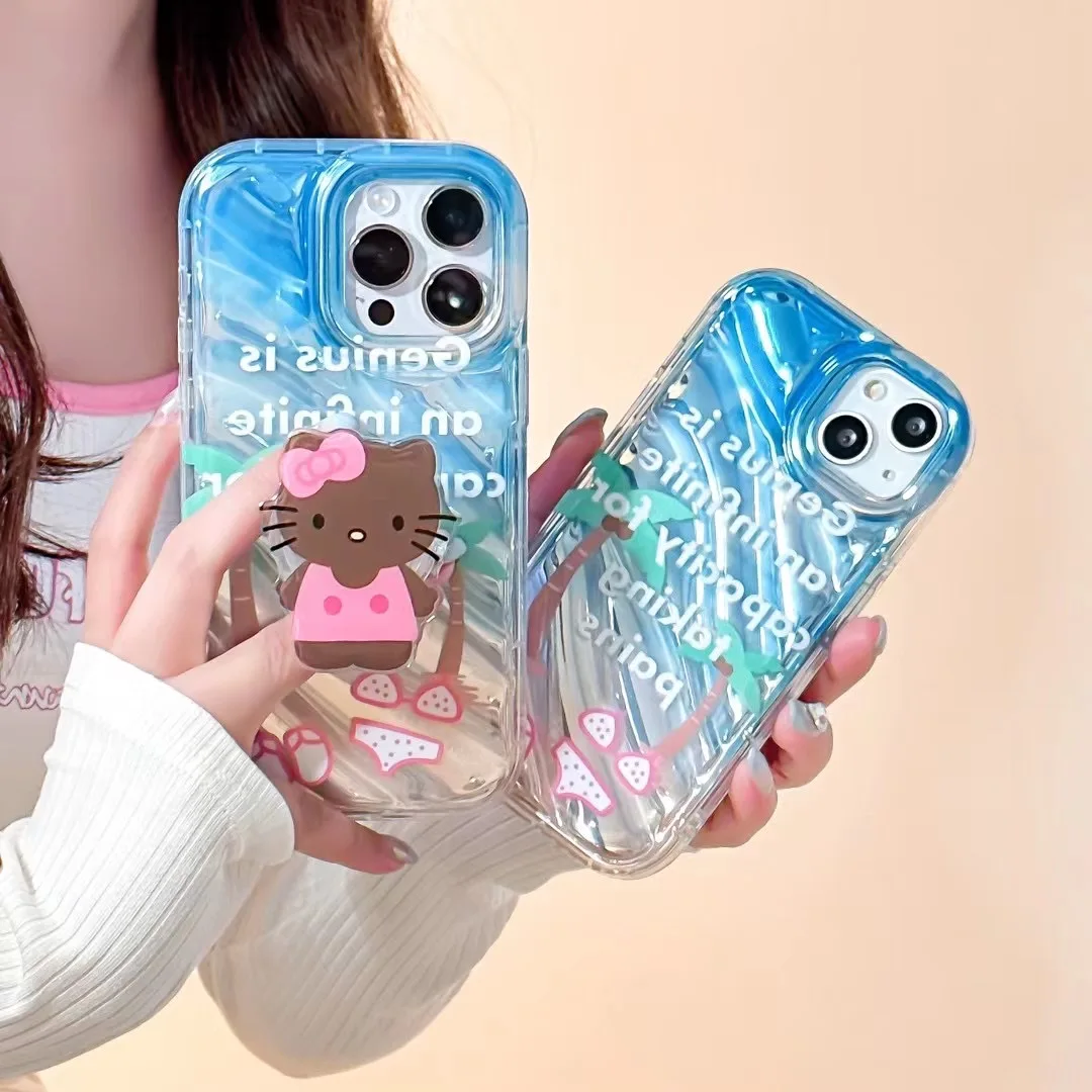 

Cute Sanrio Hello Kitty hawaiian beach style with bracket cartoon Phone Cases For iPhone 14 13 12 11 Pro Max Back Cover