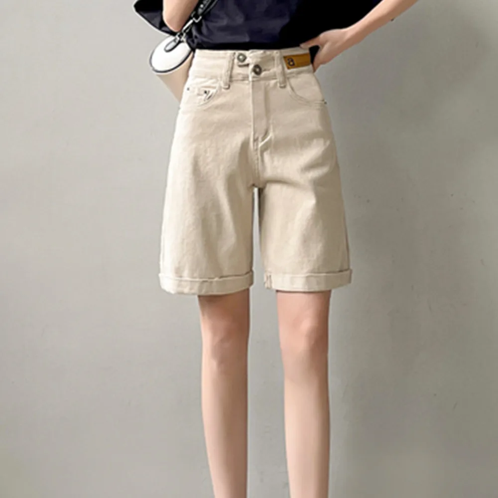 Denim Khaki Knee Length Shorts Women Loose High Waist Biker Short Jeans Ladies 2023 Summer Streetwear Black Shorts