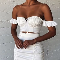 fashion women sexy fungus edge tie crop top summer new solid solor short t shirt female off shoulder camis white y2k tops