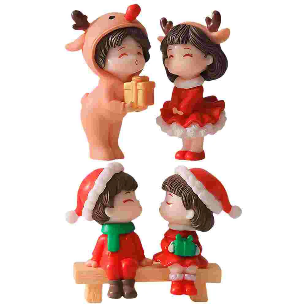 

2 Pairs Miniature Xmas Couple Figurines Cartoon Couple Figure Romantic Statues