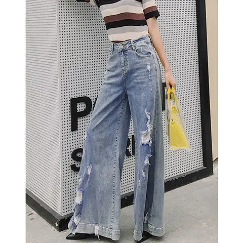 

Ripped Jeans Capris Pants for Women Wide Leg Pant Korean Streetwear Y2k Vintage Clothing Urban High Waisted Trousers Jean Baggy