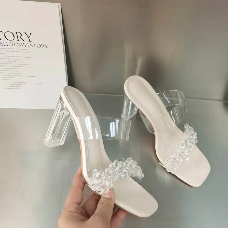 

NAUSK 2022 NEW Sandals Transparent Round Heel Sweet Sandals Ladies Casual Slides with Clear Flowers Elegant Sandal Summer